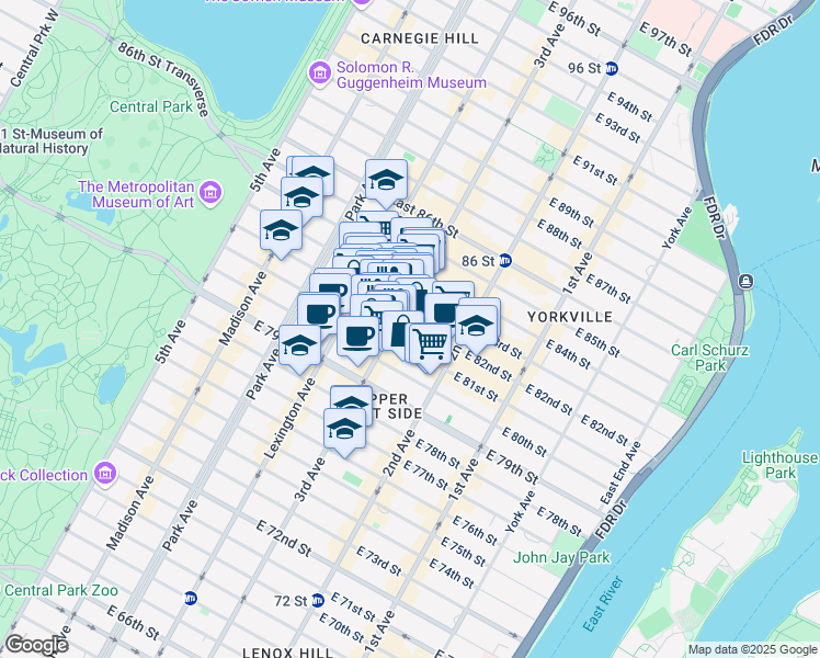 map of restaurants, bars, coffee shops, grocery stores, and more near 206 East 82nd Street in New York
