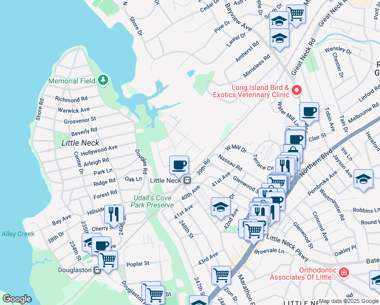 map of restaurants, bars, coffee shops, grocery stores, and more near 254-12 38th Avenue in Queens