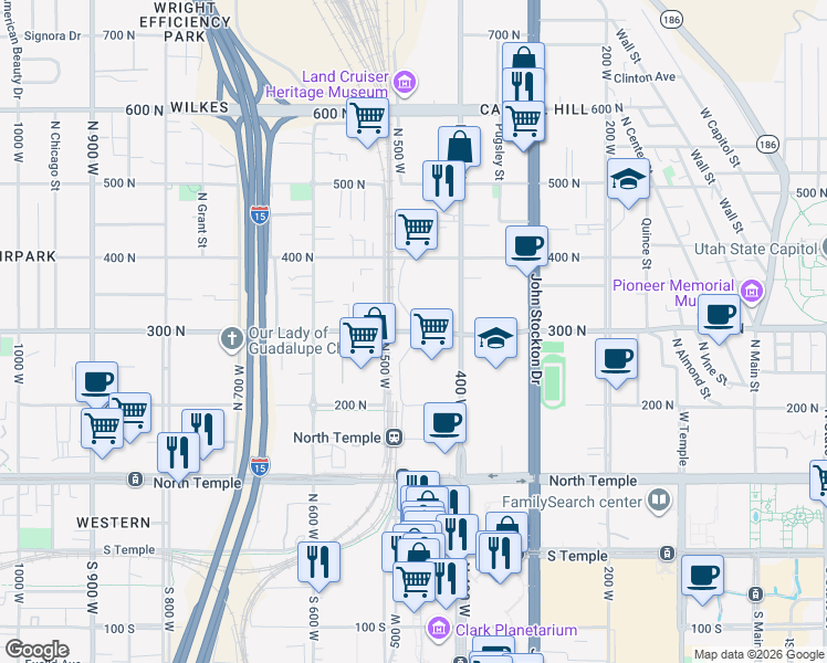 map of restaurants, bars, coffee shops, grocery stores, and more near 320 490 West in Salt Lake City