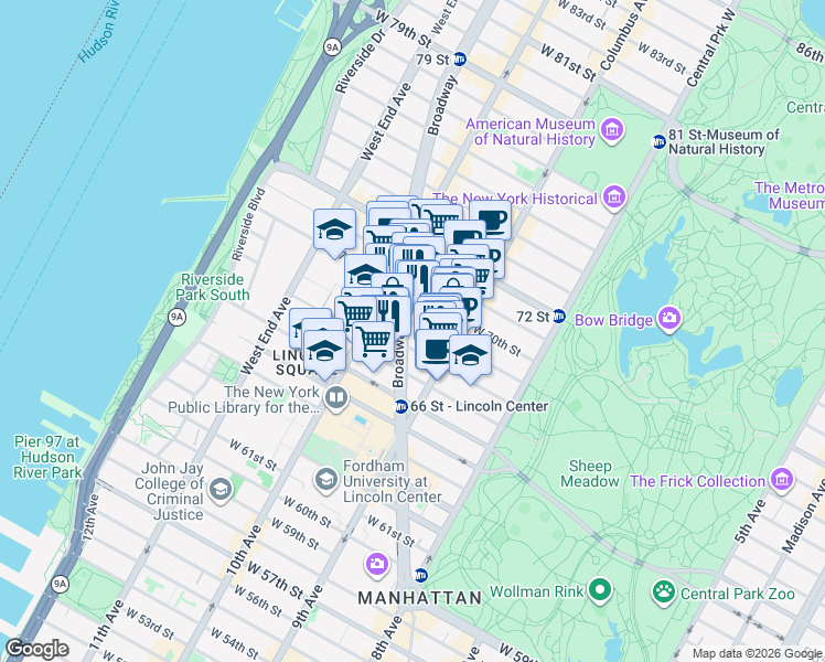 map of restaurants, bars, coffee shops, grocery stores, and more near 182 Columbus Avenue in New York
