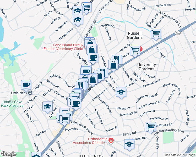 map of restaurants, bars, coffee shops, grocery stores, and more near 20 Genevieve Place in Great Neck