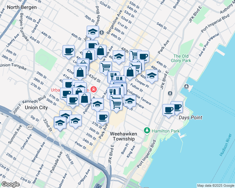 map of restaurants, bars, coffee shops, grocery stores, and more near 115 43rd Street in Union City
