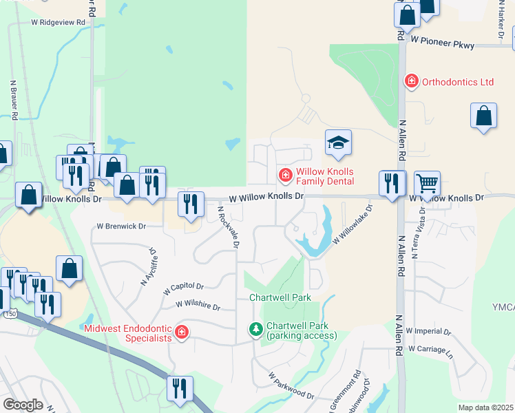 map of restaurants, bars, coffee shops, grocery stores, and more near 3020 West Willow Knolls Drive in Peoria
