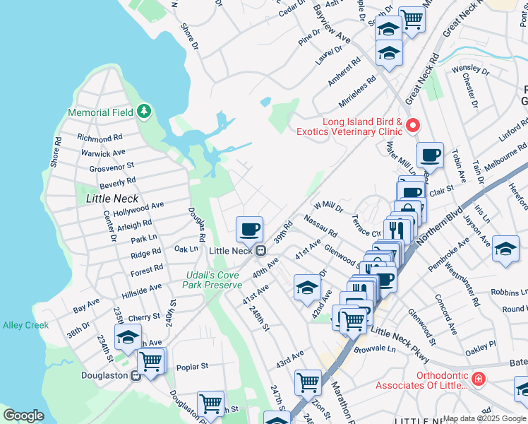 map of restaurants, bars, coffee shops, grocery stores, and more near 254-12 38th Avenue in Queens