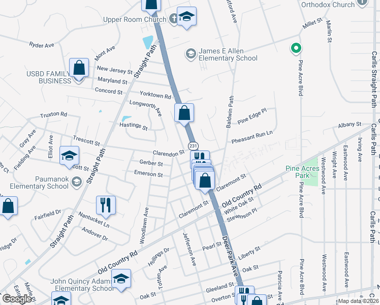 map of restaurants, bars, coffee shops, grocery stores, and more near 3 Clarendon Street in Dix Hills