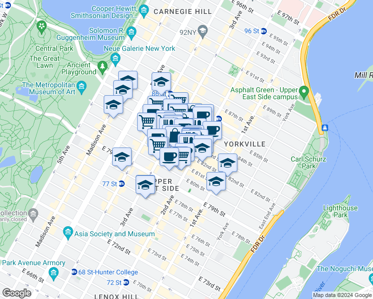 map of restaurants, bars, coffee shops, grocery stores, and more near 233 East 82nd Street in New York