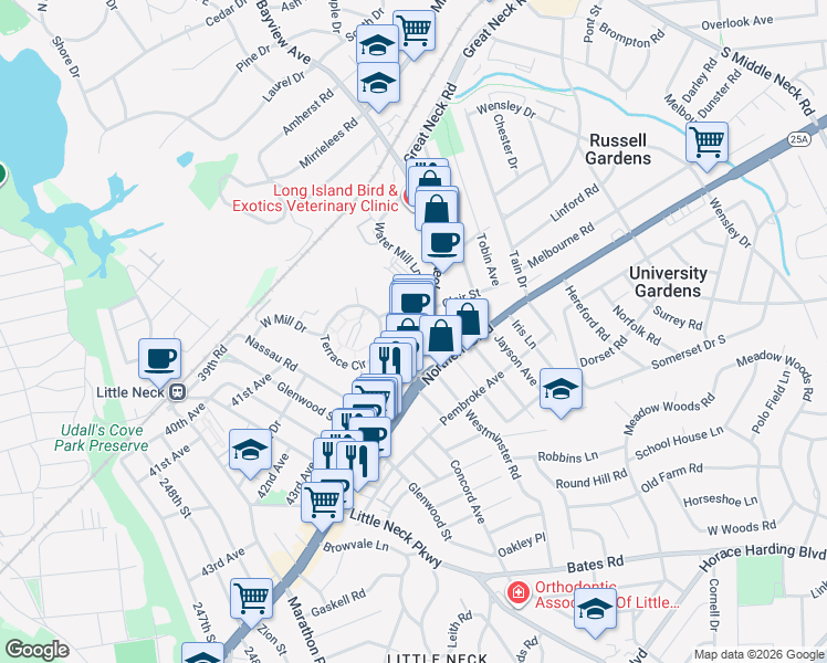 map of restaurants, bars, coffee shops, grocery stores, and more near 473 Great Neck Road in University Gardens