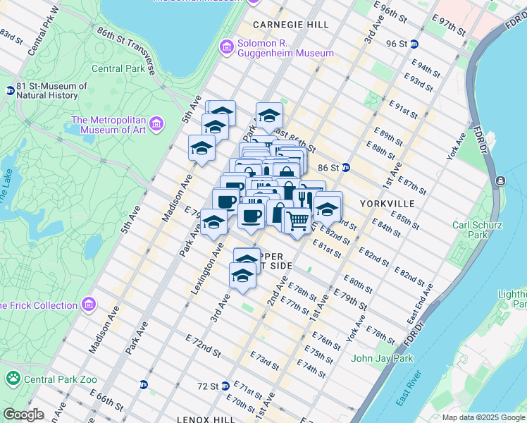 map of restaurants, bars, coffee shops, grocery stores, and more near 171 East 81st Street in New York