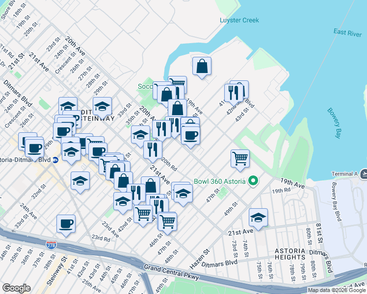 map of restaurants, bars, coffee shops, grocery stores, and more near in Queens