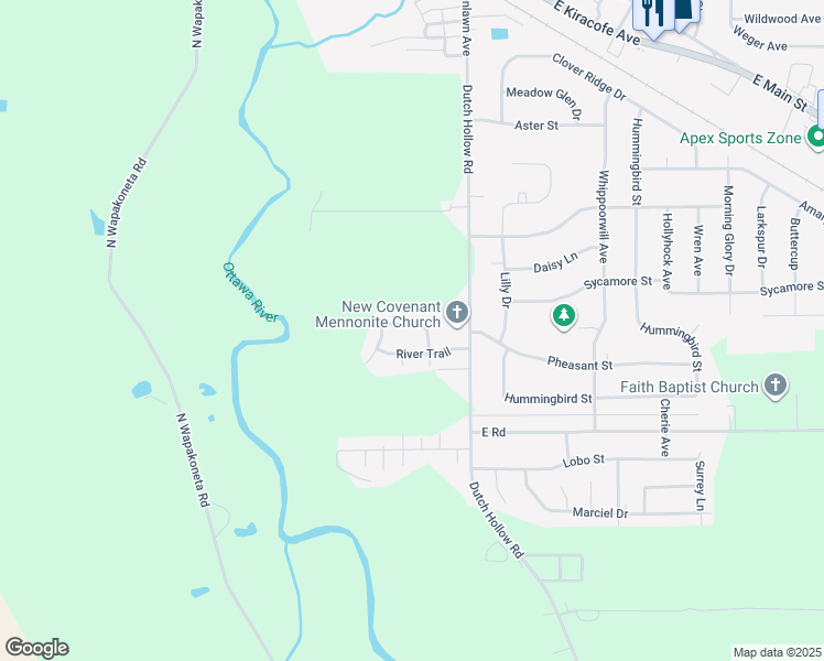 map of restaurants, bars, coffee shops, grocery stores, and more near 5414 River Ridge Street in Elida