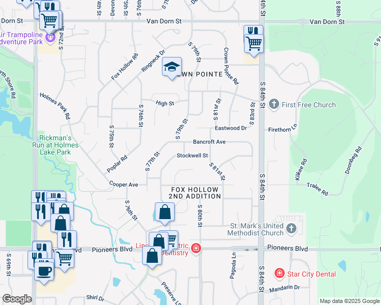 map of restaurants, bars, coffee shops, grocery stores, and more near 7910 Stockwell Street in Lincoln