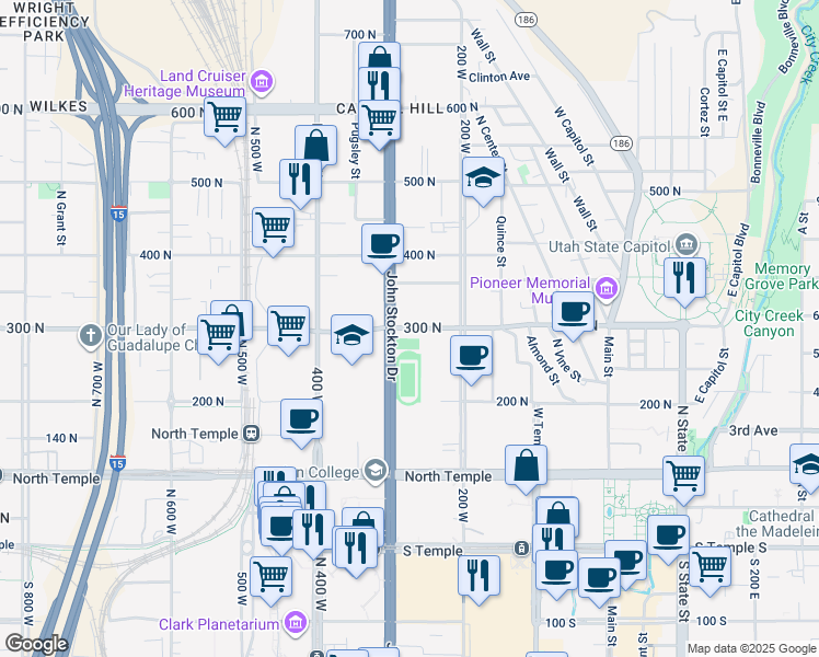 map of restaurants, bars, coffee shops, grocery stores, and more near 270 West 300 North in Salt Lake City