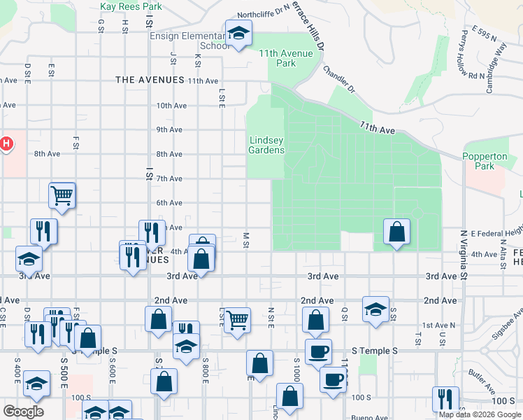 map of restaurants, bars, coffee shops, grocery stores, and more near 830 6th Avenue in Salt Lake City