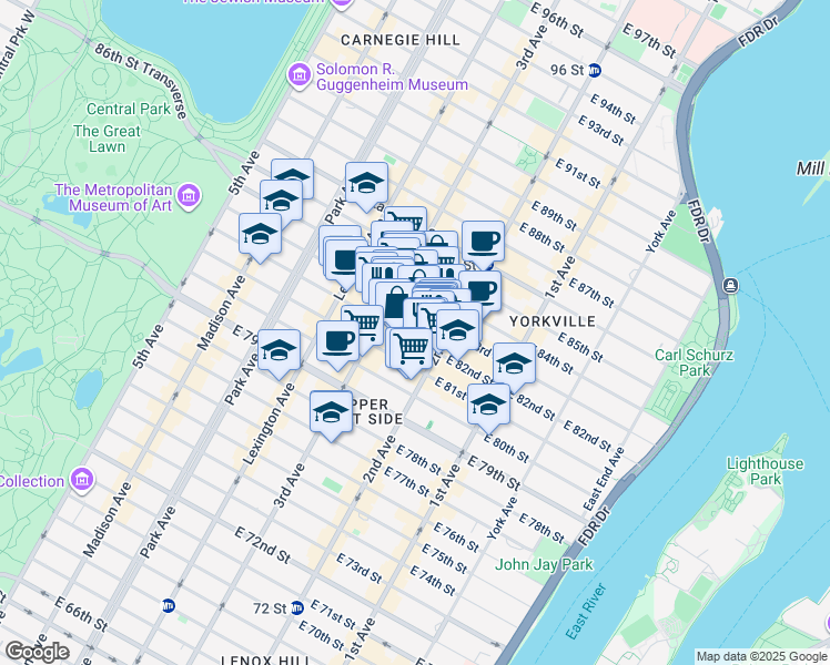 map of restaurants, bars, coffee shops, grocery stores, and more near 227 East 82nd Street in New York