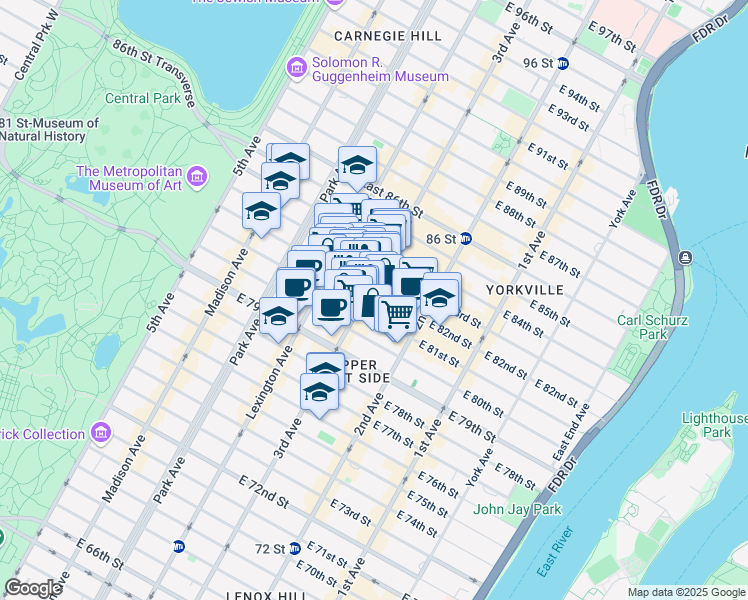 map of restaurants, bars, coffee shops, grocery stores, and more near 1445 3rd Avenue in New York