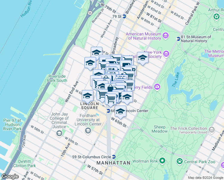 map of restaurants, bars, coffee shops, grocery stores, and more near 140 West 69th Street in New York