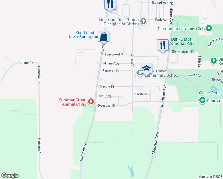 map of restaurants, bars, coffee shops, grocery stores, and more near 1613 Navajo Street in Burlington