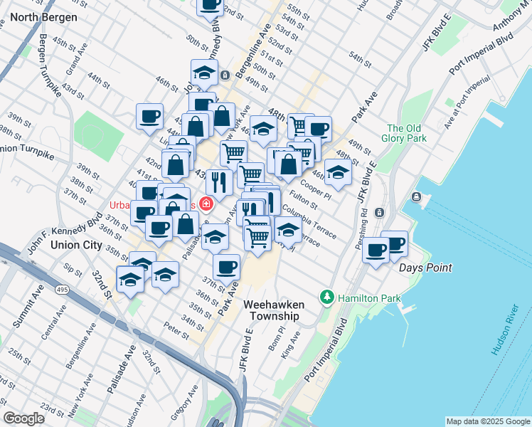 map of restaurants, bars, coffee shops, grocery stores, and more near 115 43rd Street in Union City