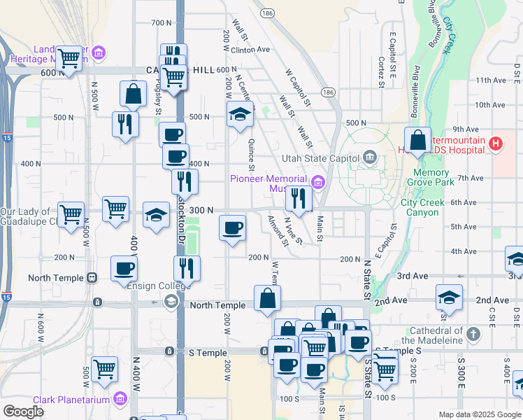 map of restaurants, bars, coffee shops, grocery stores, and more near 226 West Temple in Salt Lake City