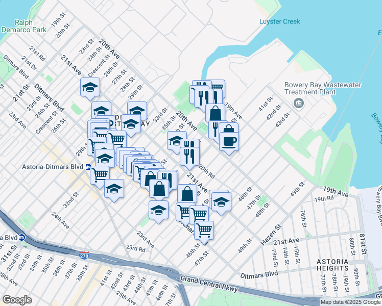 map of restaurants, bars, coffee shops, grocery stores, and more near 38-01 20th Road in Queens