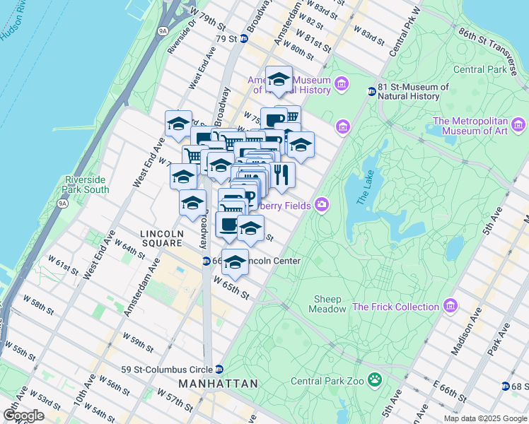 map of restaurants, bars, coffee shops, grocery stores, and more near 49 West 70th Street in New York