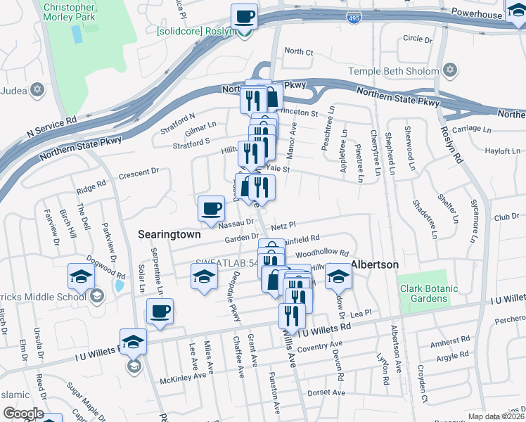 map of restaurants, bars, coffee shops, grocery stores, and more near 1162 Willis Avenue in Albertson