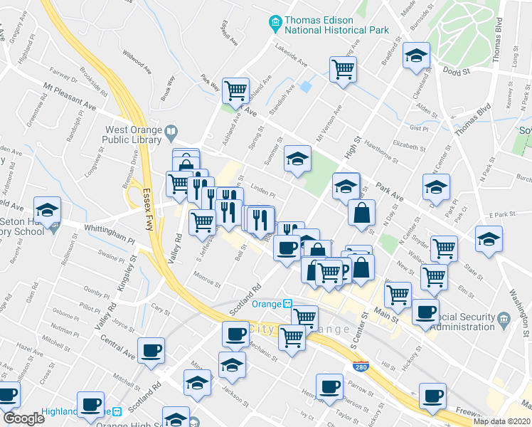 map of restaurants, bars, coffee shops, grocery stores, and more near 51 Ridge Street in City of Orange