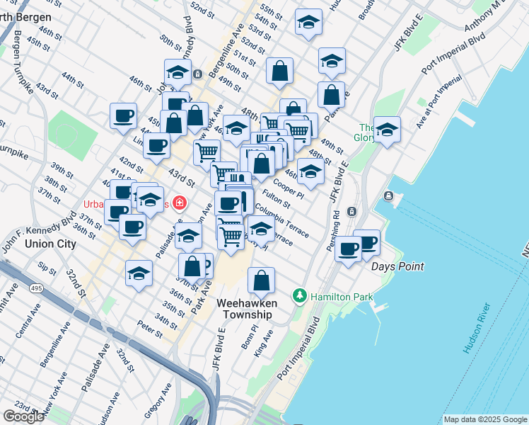 map of restaurants, bars, coffee shops, grocery stores, and more near 85 Columbia Terrace in Weehawken