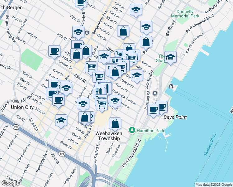 map of restaurants, bars, coffee shops, grocery stores, and more near 83 Columbia Terrace in Weehawken Township