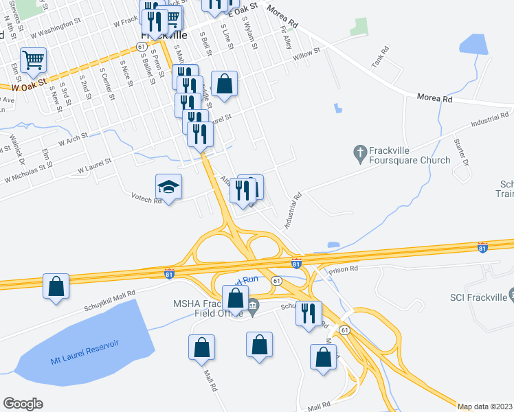 map of restaurants, bars, coffee shops, grocery stores, and more near 649 Altamont Boulevard in Frackville