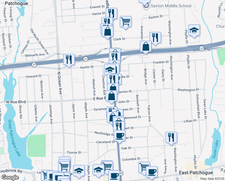 map of restaurants, bars, coffee shops, grocery stores, and more near 244 New York 112 in East Patchogue