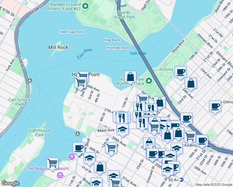 map of restaurants, bars, coffee shops, grocery stores, and more near 8-51 26th Ave in Queens