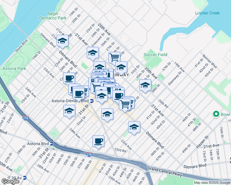 map of restaurants, bars, coffee shops, grocery stores, and more near 31-30 Ditmars Boulevard in Queens