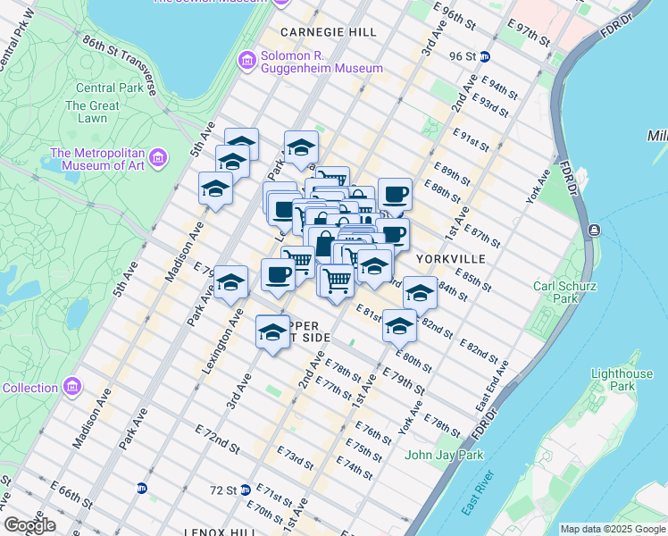 map of restaurants, bars, coffee shops, grocery stores, and more near 225 East 82nd Street in New York