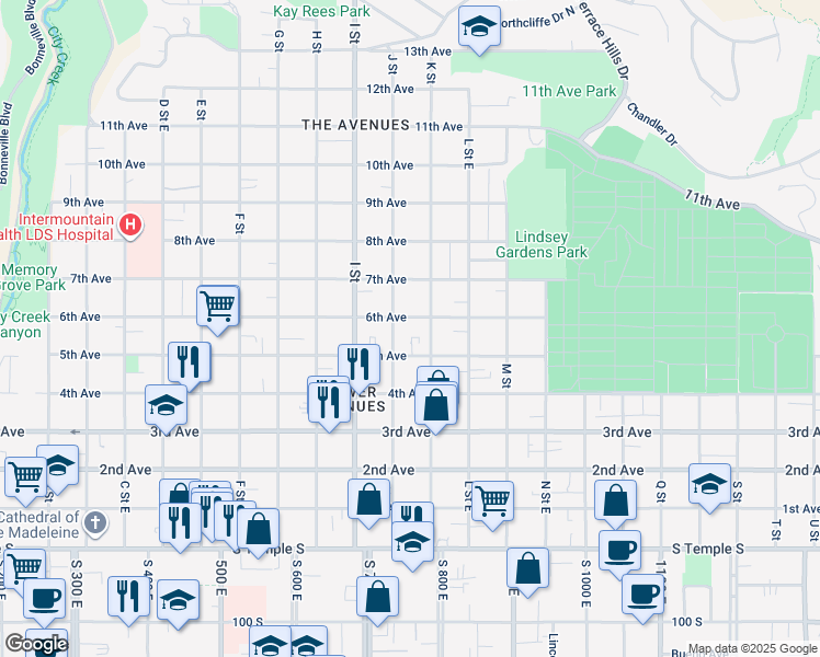 map of restaurants, bars, coffee shops, grocery stores, and more near 288 J Street in Salt Lake City