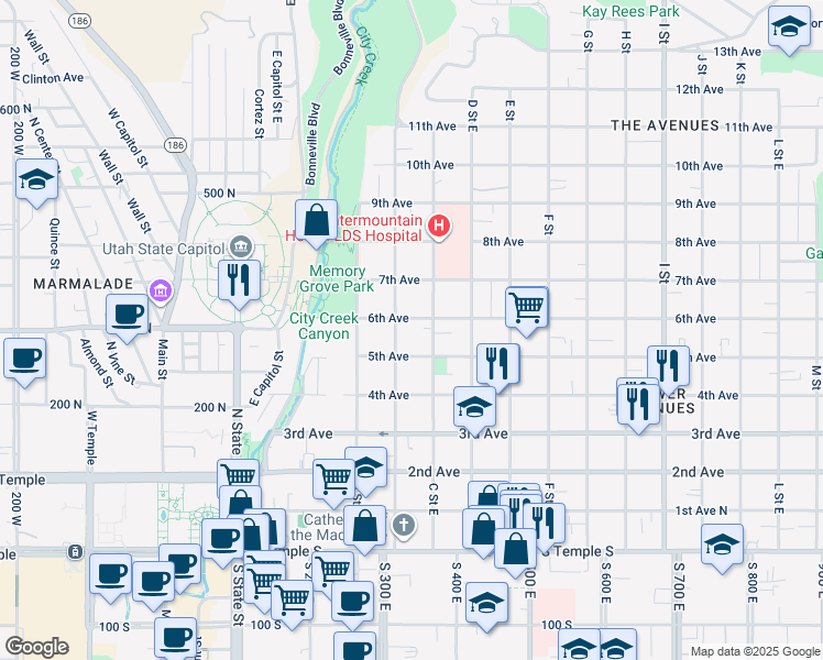 map of restaurants, bars, coffee shops, grocery stores, and more near in Salt Lake City