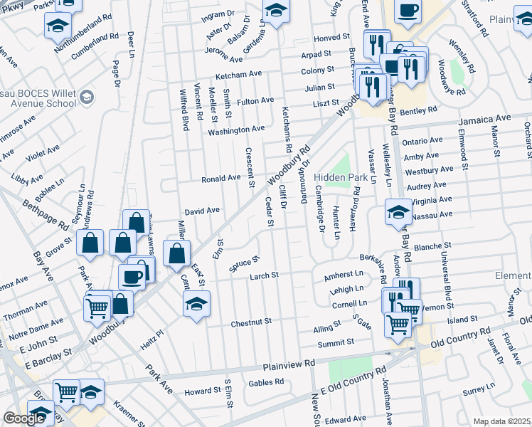 map of restaurants, bars, coffee shops, grocery stores, and more near 90 Cedar Street in Hicksville