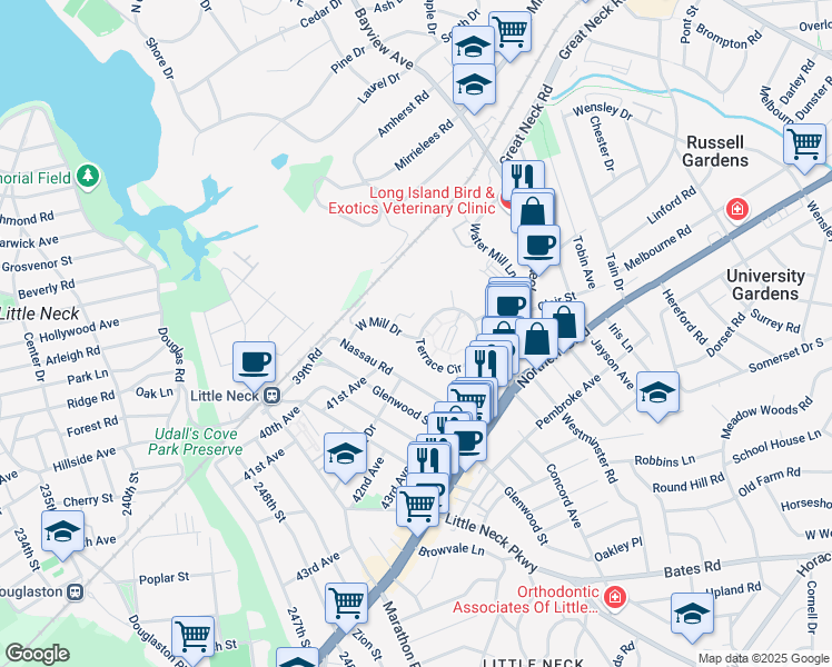 map of restaurants, bars, coffee shops, grocery stores, and more near 5 Terrace Circle in Great Neck