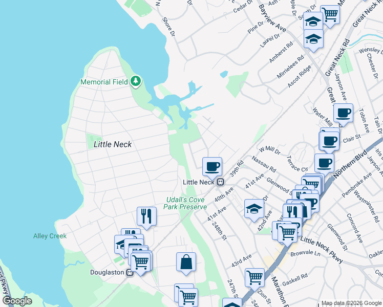 map of restaurants, bars, coffee shops, grocery stores, and more near 34-14 Brookside Street in Queens