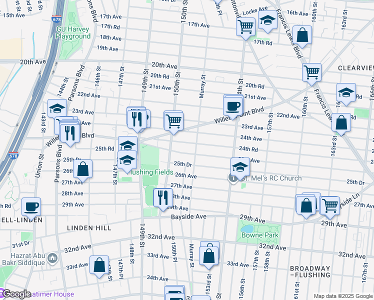 map of restaurants, bars, coffee shops, grocery stores, and more near 150-37 25th Avenue in Queens