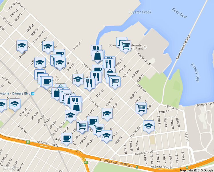 map of restaurants, bars, coffee shops, grocery stores, and more near 41-05 20th Avenue in Queens