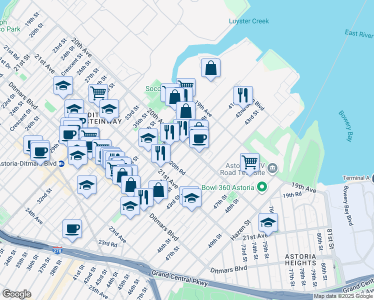 map of restaurants, bars, coffee shops, grocery stores, and more near 20-15 Steinway Street in Queens