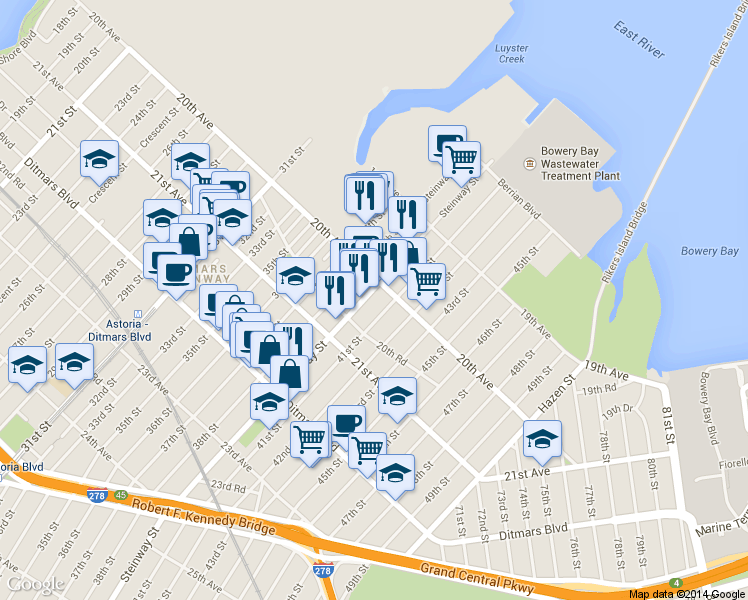map of restaurants, bars, coffee shops, grocery stores, and more near 20-15 Steinway Street in Queens
