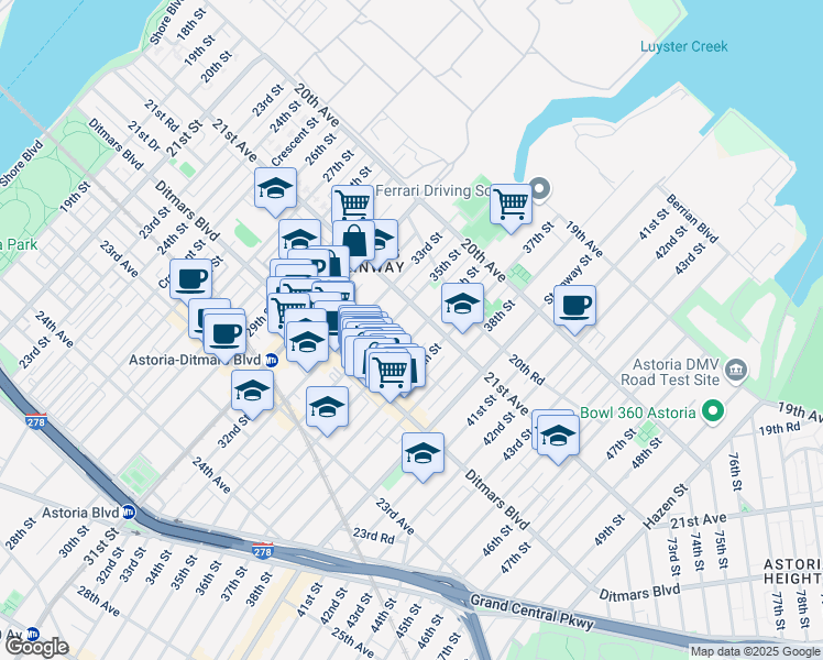 map of restaurants, bars, coffee shops, grocery stores, and more near 21-12 36th Street in Queens