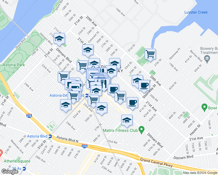 map of restaurants, bars, coffee shops, grocery stores, and more near 31-30 Ditmars Boulevard in Queens