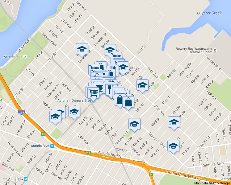 map of restaurants, bars, coffee shops, grocery stores, and more near 31-30 Ditmars Boulevard in Queens