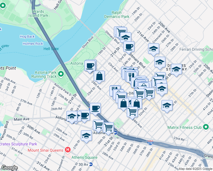 map of restaurants, bars, coffee shops, grocery stores, and more near 23-57 24th Street in Queens