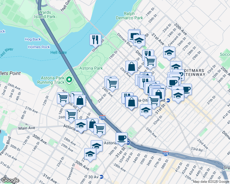map of restaurants, bars, coffee shops, grocery stores, and more near in Queens