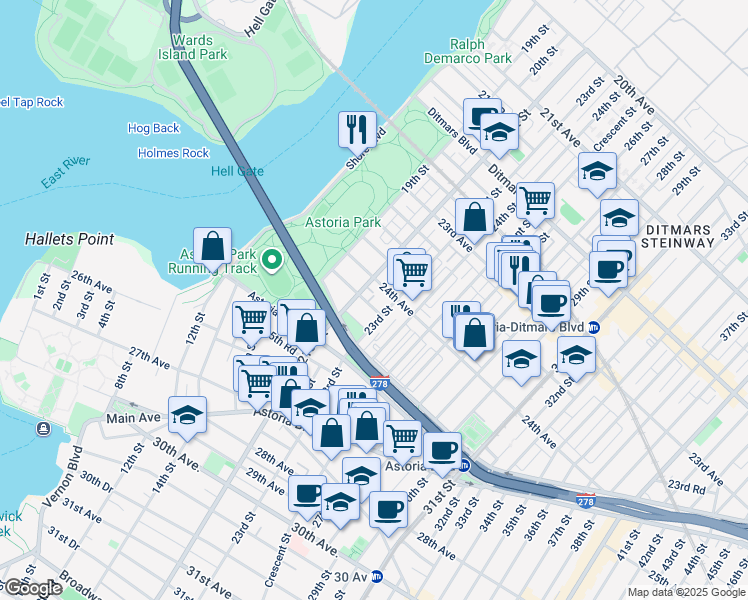 map of restaurants, bars, coffee shops, grocery stores, and more near in Queens