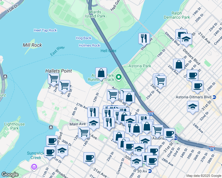 map of restaurants, bars, coffee shops, grocery stores, and more near 25-15 14th Street in Queens